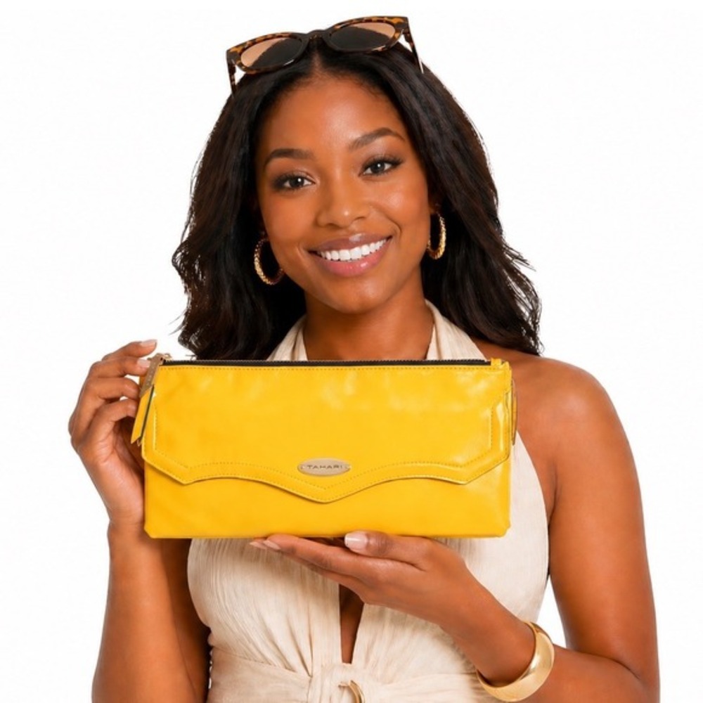 Tahari Yellow Patent Leather Zip Top Clutch Bag Magnetic Flap Dust Bag 43-13